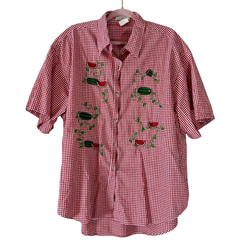 Mandal Bay Embroidered Watermelon Gingham Button Down Short Sleeve‎ Women's 2X